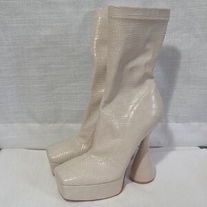 Simmi London Flare Heel Platform Boots In Stone Croc Off White